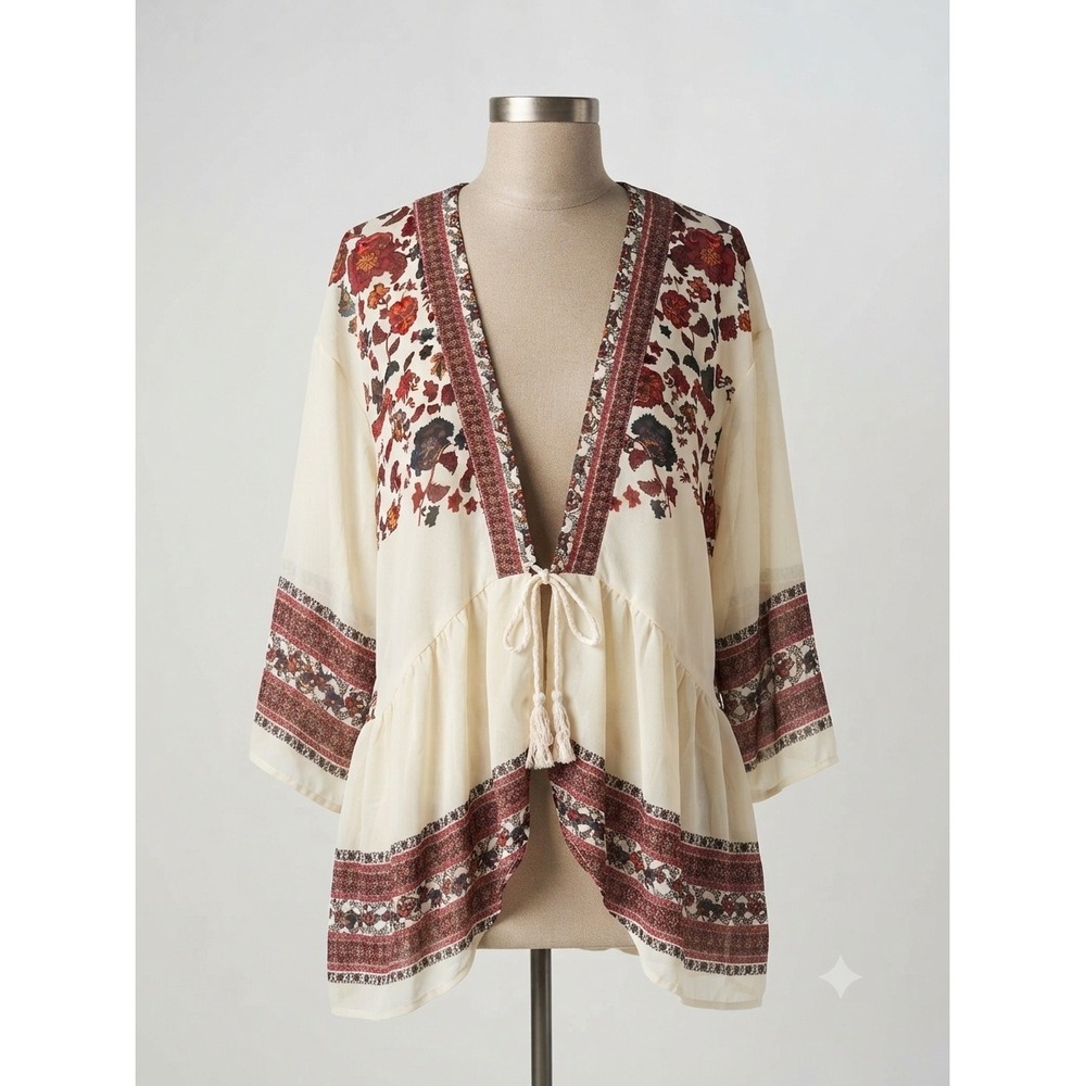 Xhilaration Floral Kimono Cardigan Cream Red Boho Tassel Tie Front Top M/L